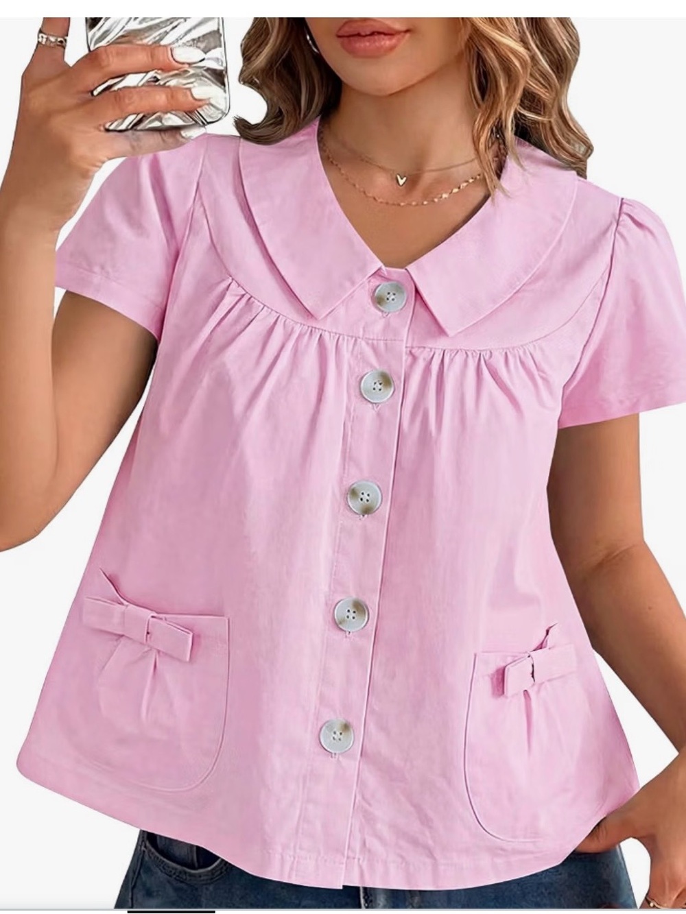 Women’s Pink Button-Front Collar Top